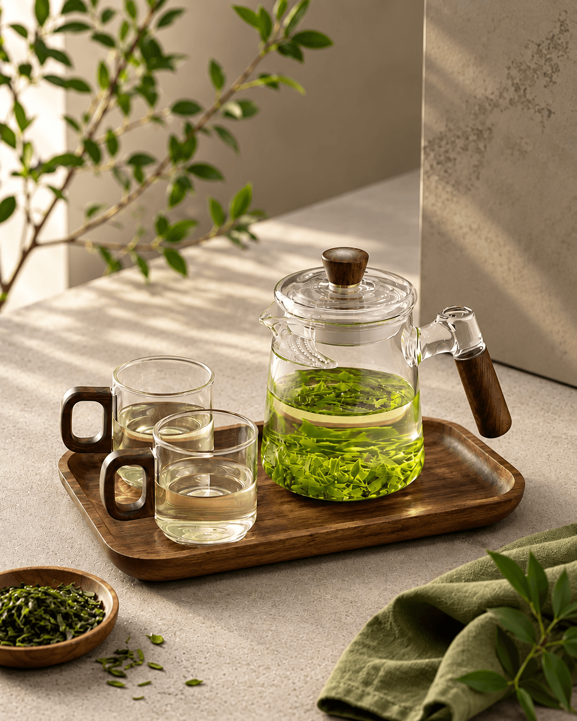 Glass teapot of green tea and two glass cups on a wooden tray in sunlight, with loose tea leaves and green linen.